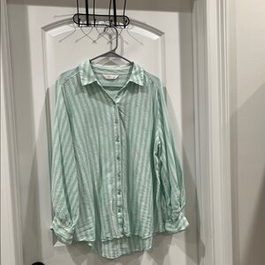 Women’s Mint Green Striped Button-Up Shirt- size L